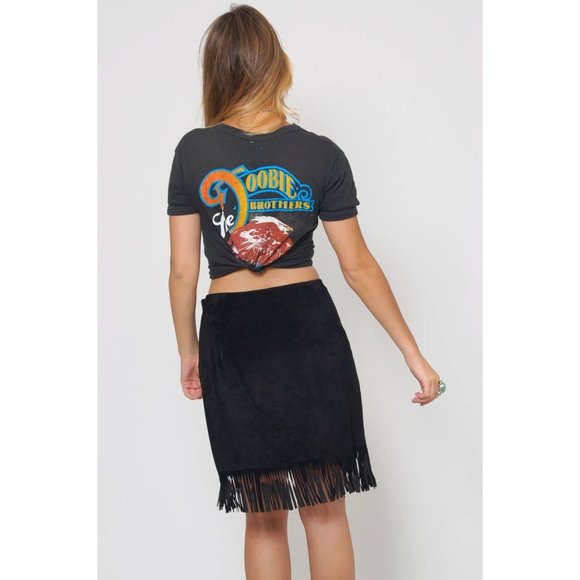 Vintage CACHE x EREZ LEVY Black Suede Leather Fringe Wrap Skirt sz 8 Women's VTG - Picture 2 of 6